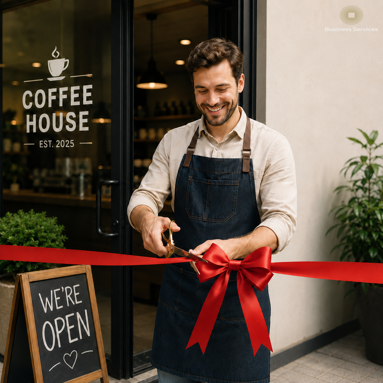 Coffee shop owner cutting a ribbon at a new business opening