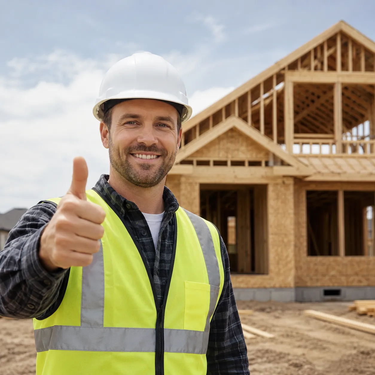 Licensed contractor standing in front of a home under construction in the United States