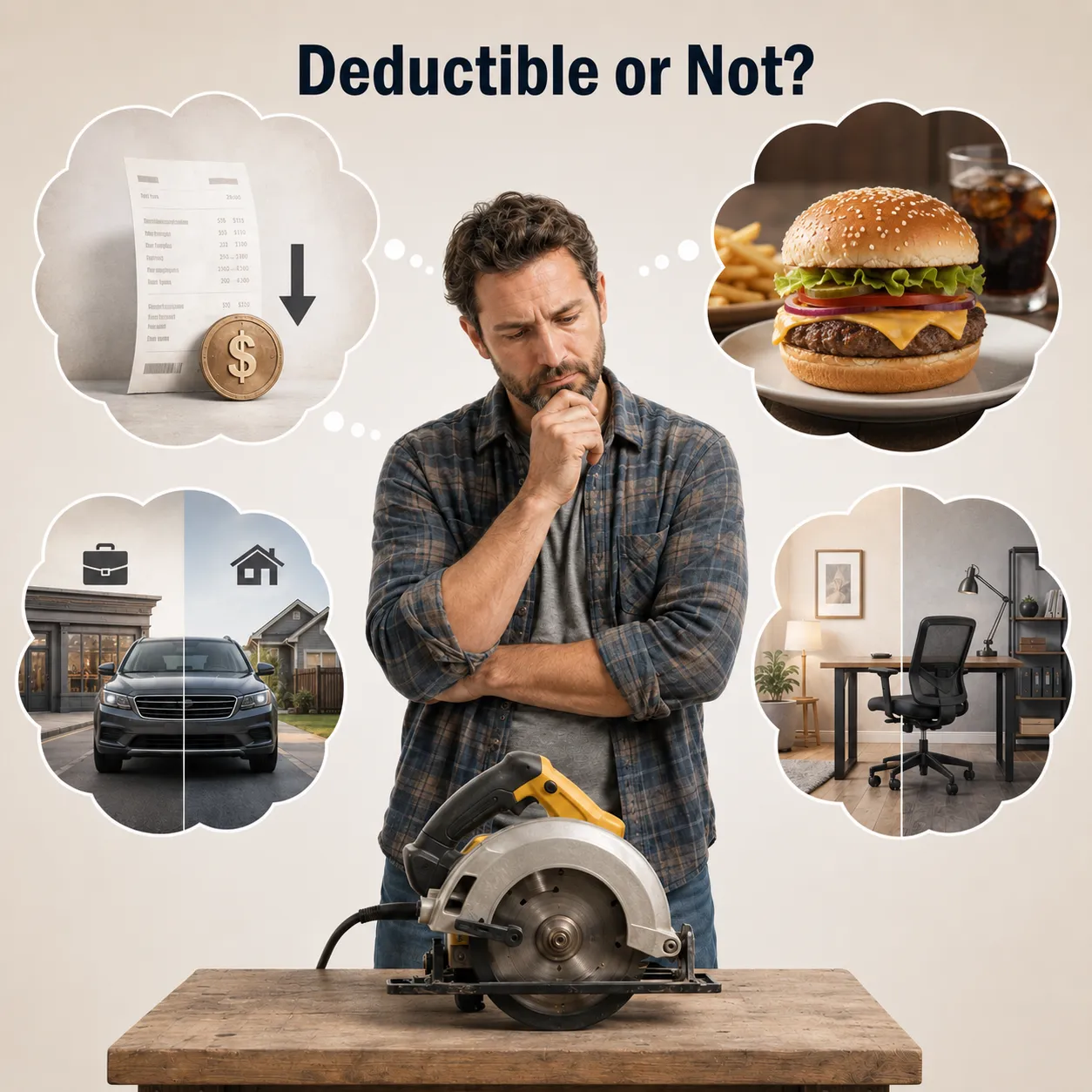 Small business owner deciding whether expenses are deductible, including tools, meals, vehicle use, and home office expenses